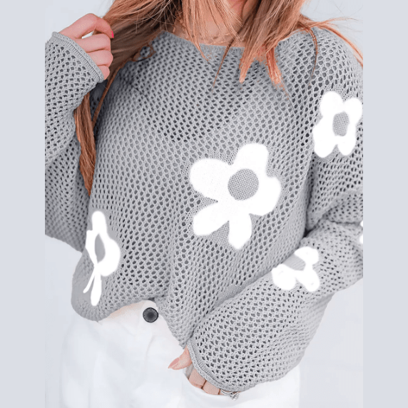 Magdalene Grey Big Flower Hollowed Knit Drop Shoulder Sweater