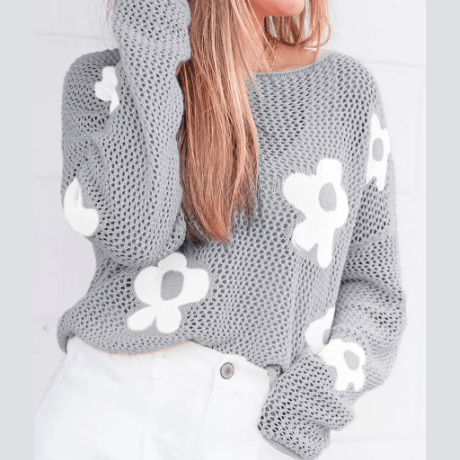 Magdalene Grey Big Flower Hollowed Knit Drop Shoulder Sweater