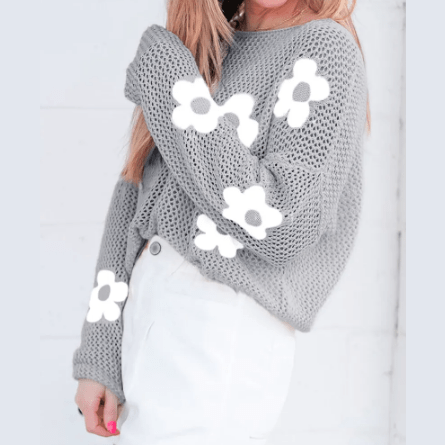 Magdalene Grey Big Flower Hollowed Knit Drop Shoulder Sweater