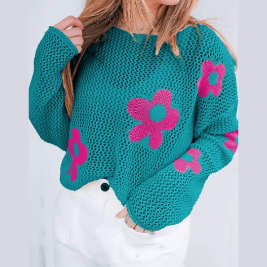 Magdalene Sea Green Big Flower Hollowed Knit Drop Shoulder Sweater