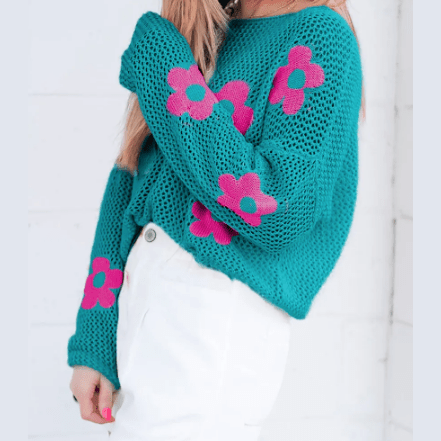 Magdalene Sea Green Big Flower Hollowed Knit Drop Shoulder Sweater