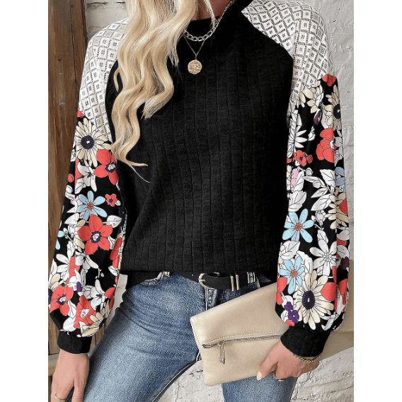 Jessenia Black Floral Patchwork Long Sleeve Ribbed Blouse