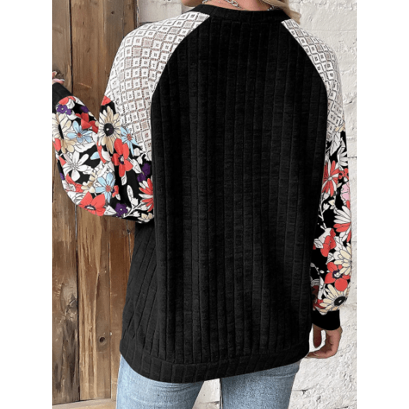 Jessenia Black Floral Patchwork Long Sleeve Ribbed Blouse