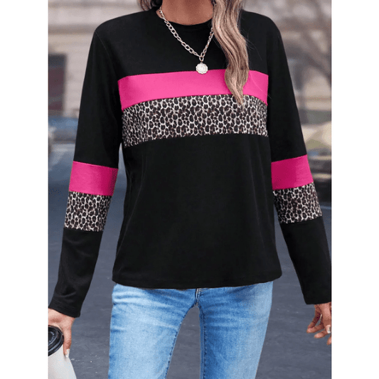 Deniz Pink Leopard Colorblock Patchwork Crew Neck Long Sleeve Tee