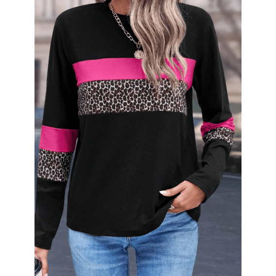 Deniz Pink Leopard Colorblock Patchwork Crew Neck Long Sleeve Tee