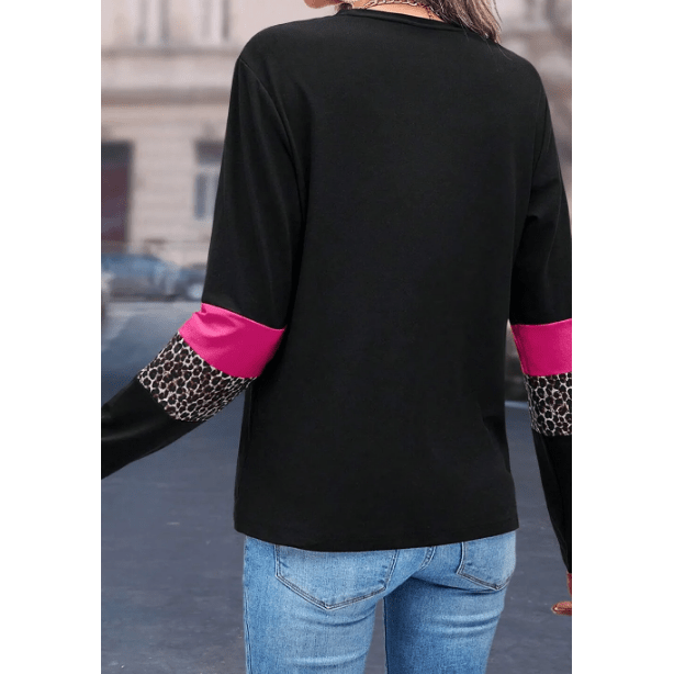 Deniz Pink Leopard Colorblock Patchwork Crew Neck Long Sleeve Tee