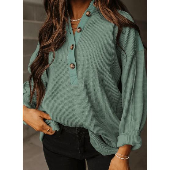 Izzy Green Waffle Long Sleeve Collar Half Button Loose Top