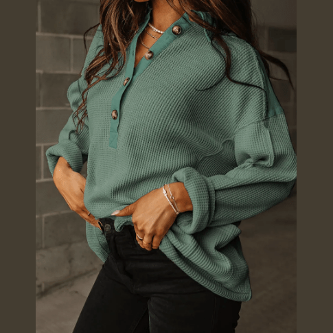 Izzy Green Waffle Long Sleeve Collar Half Button Loose Top