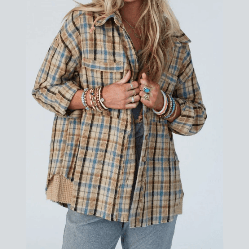 Thera Waffle Knit Patchwork Hooded Plaid Shacket