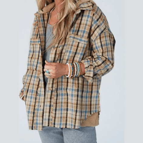 Thera Waffle Knit Patchwork Hooded Plaid Shacket