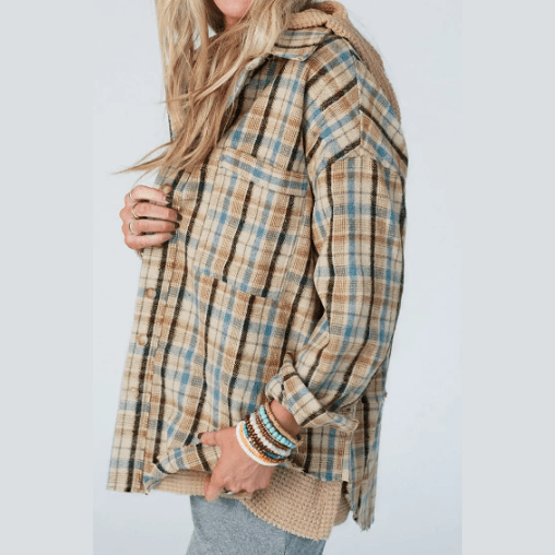 Thera Waffle Knit Patchwork Hooded Plaid Shacket