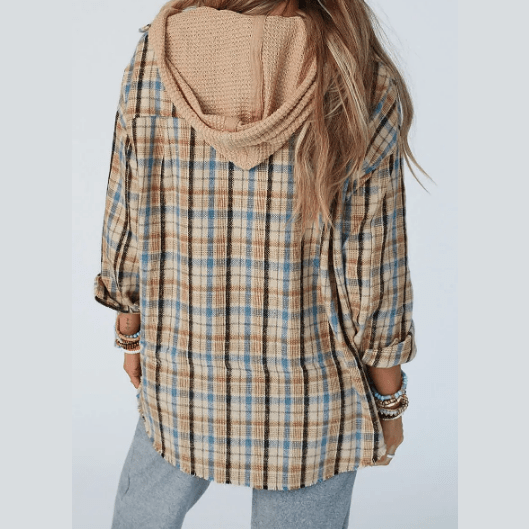 Thera Waffle Knit Patchwork Hooded Plaid Shacket