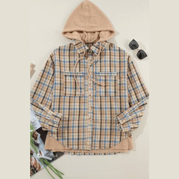 Thera Waffle Knit Patchwork Hooded Plaid Shacket