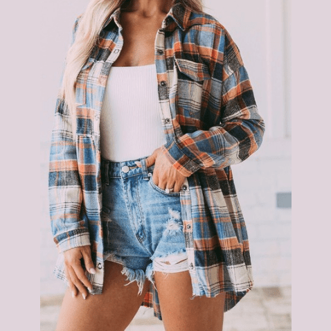 Lauren Plaid Button Down Ruffled Shirt Jacket