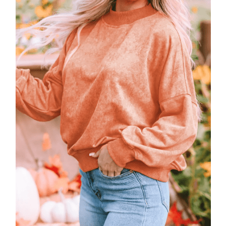 Kharlie Orange Drop Shoulder Crew Neck Pullover Sweatshirt