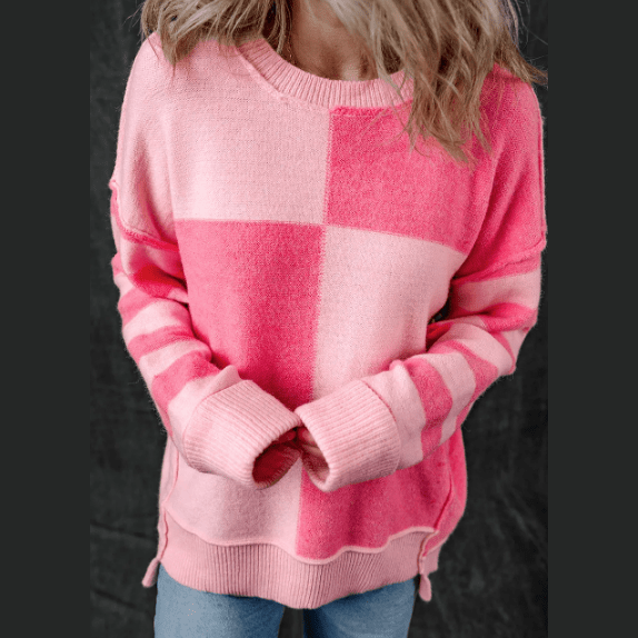 Shandon Pink Checkered Colorblock Striped High Low Loose Sweater