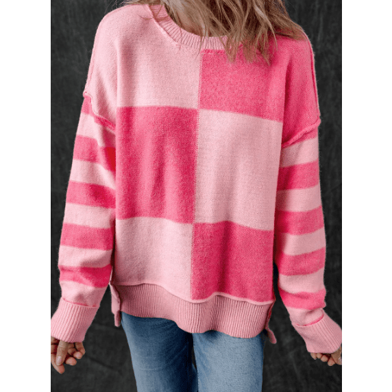 Shandon Pink Checkered Colorblock Striped High Low Loose Sweater