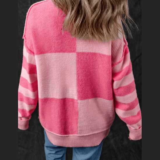 Shandon Pink Checkered Colorblock Striped High Low Loose Sweater