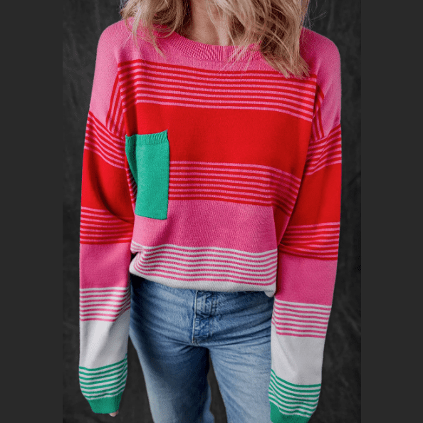 Abbie Striped Knit Patch Pocket Drop Shoulder Sweater