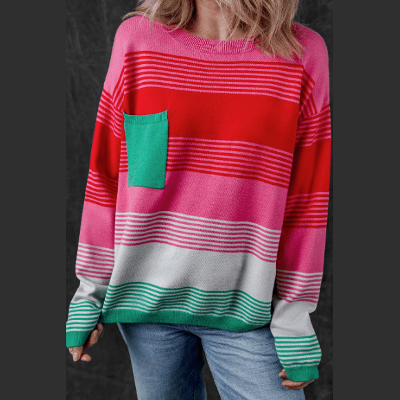 Abbie Striped Knit Patch Pocket Drop Shoulder Sweater