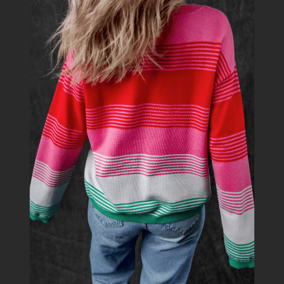 Abbie Striped Knit Patch Pocket Drop Shoulder Sweater