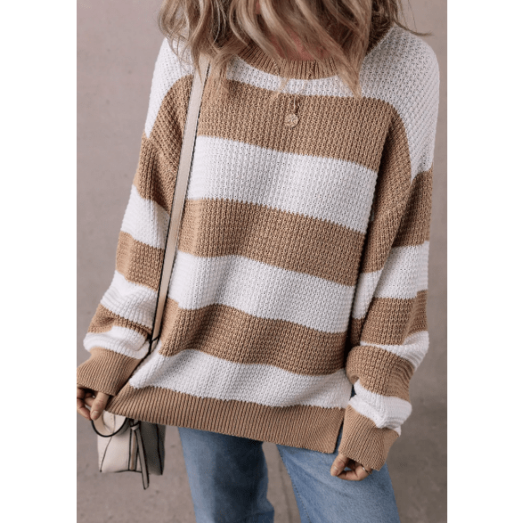 Corah Light French Beige Colorblock Striped Drop Shoulder Side Slit Sweater