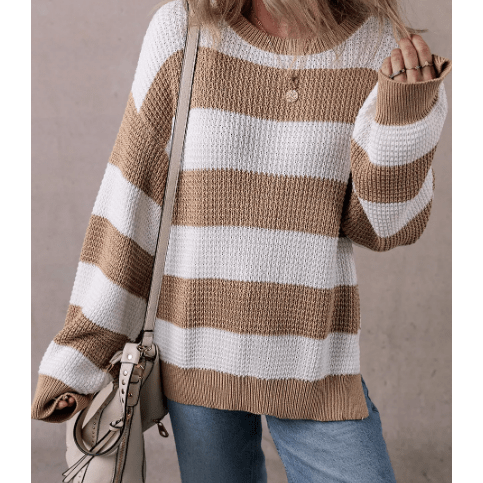 Corah Light French Beige Colorblock Striped Drop Shoulder Side Slit Sweater