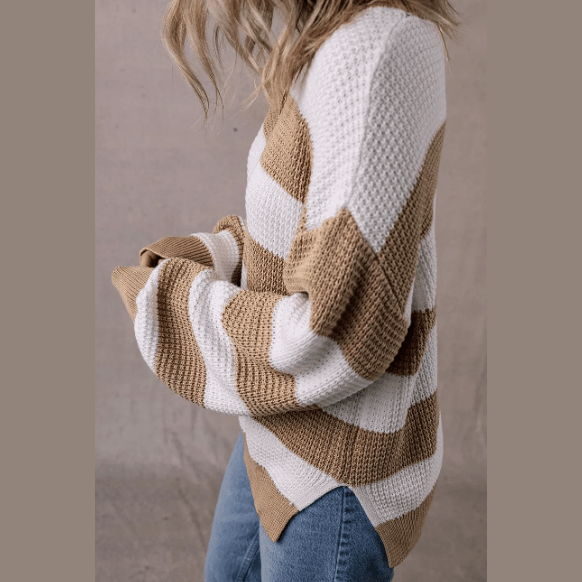 Corah Light French Beige Colorblock Striped Drop Shoulder Side Slit Sweater