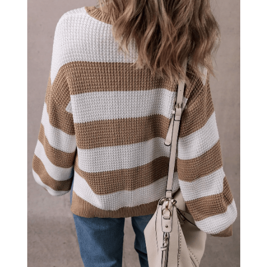 Corah Light French Beige Colorblock Striped Drop Shoulder Side Slit Sweater