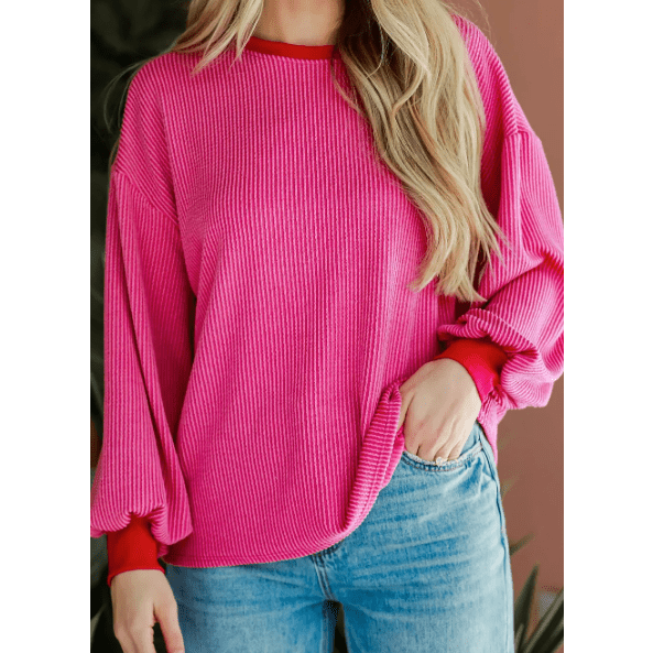 Kylee Bright Pink Corded Contrast Edge Drop Shoulder Long Sleeve Top