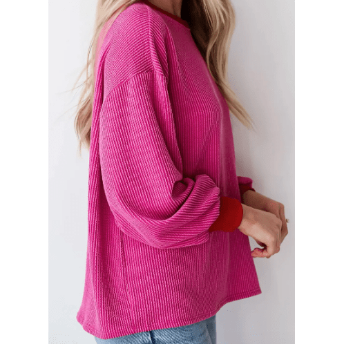 Kylee Bright Pink Corded Contrast Edge Drop Shoulder Long Sleeve Top