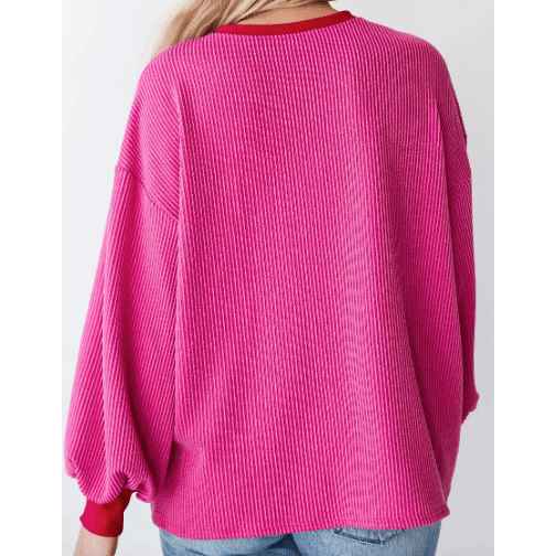 Kylee Bright Pink Corded Contrast Edge Drop Shoulder Long Sleeve Top