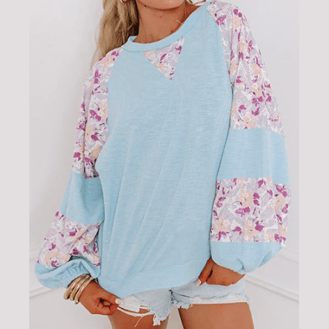 Stacey Blue Textured Floral Patchwork Balloon Sleeve Blouse