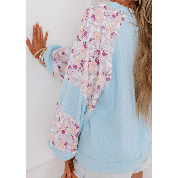 Stacey Blue Textured Floral Patchwork Balloon Sleeve Blouse