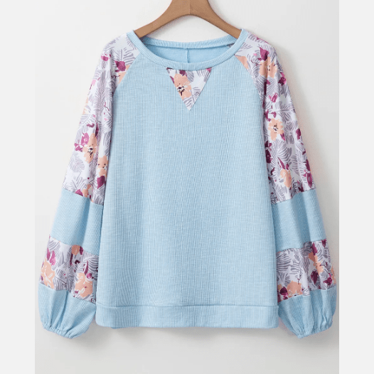 Stacey Blue Textured Floral Patchwork Balloon Sleeve Blouse