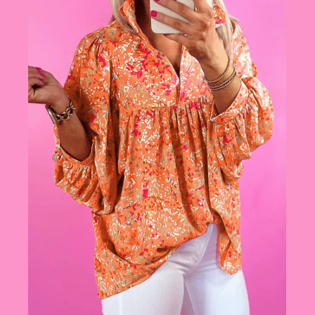 Scarlette Orange Abstract Print Collared V Neck Babydoll Blouse