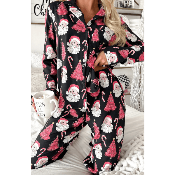 Santa Printed Two Piece Black Pajama Set