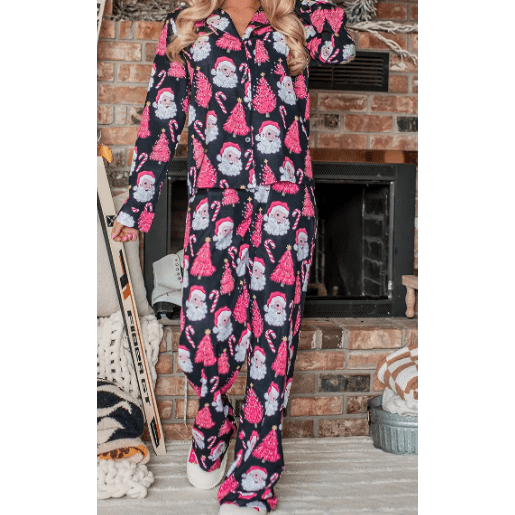 Santa Printed Two Piece Black Pajama Set