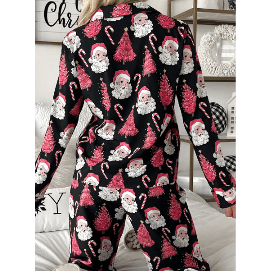 Santa Printed Two Piece Black Pajama Set