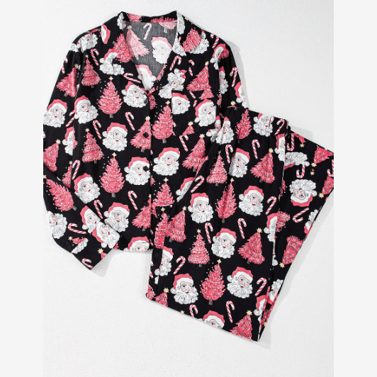 Santa Printed Two Piece Black Pajama Set