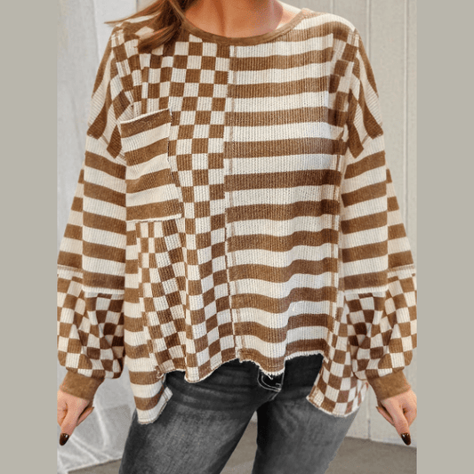 Mina Khaki Striped Checkered Mixed Print Chest Pocket Casual Top * S-3X