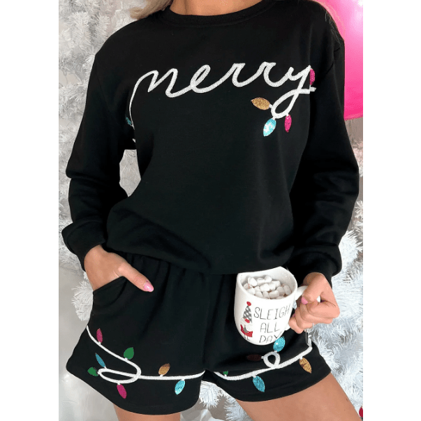 Black Sequin Merry Graphic Pullover and Shorts Outfit