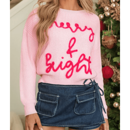 Pink Merry & Bright Pop Up Letter Waffle Knit Sweater