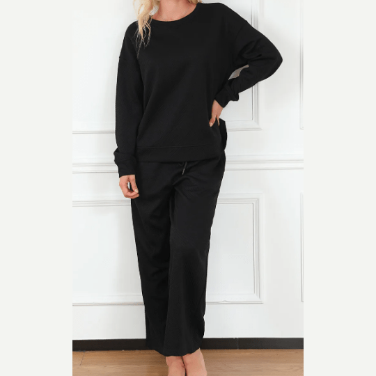 Izette Black Ultra Loose Textured 2pcs Slouchy Outfit