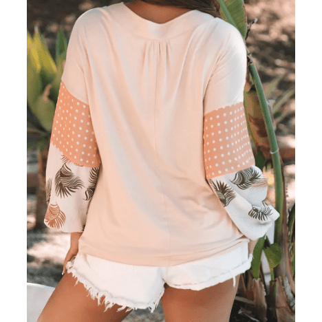 Tini Palm Leaves Polka Dot Puff Sleeve Patchwork V Neck Loose Blouse - S to 3X