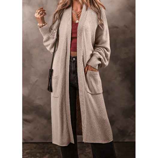 Brittyn Beige Side Pockets Open Front Long Knitted Cardigan