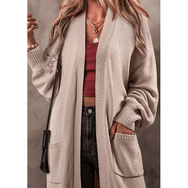 Brittyn Beige Side Pockets Open Front Long Knitted Cardigan