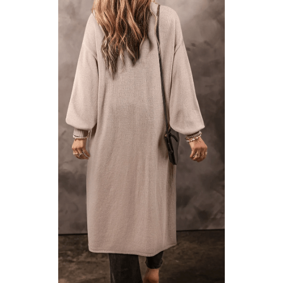 Brittyn Beige Side Pockets Open Front Long Knitted Cardigan