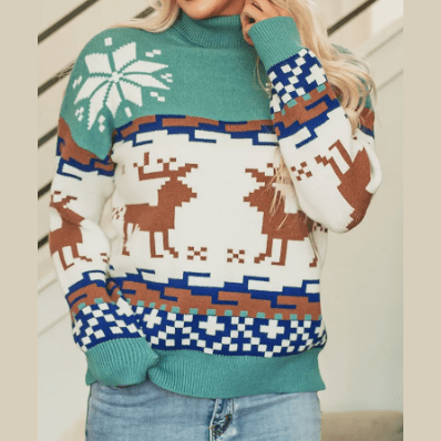 Christmas Reindeer Snowflake Colorblock Turtleneck Sweater