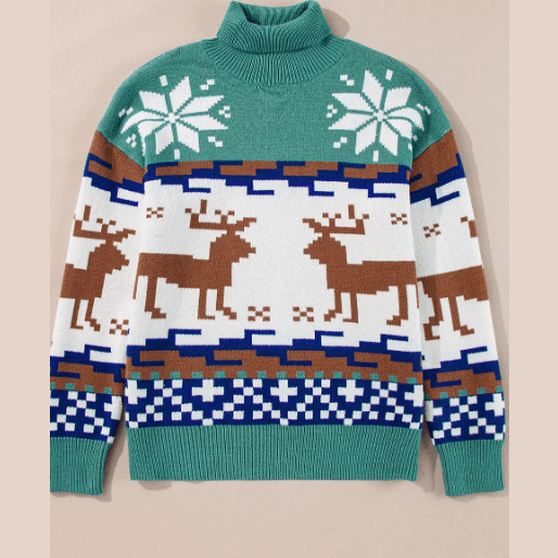 Christmas Reindeer Snowflake Colorblock Turtleneck Sweater